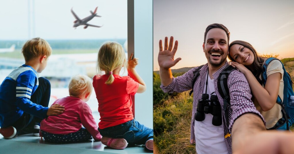 backview of three children watching a plan take off at airport; a couple taking a selfie at sunset