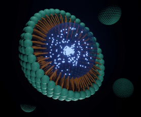 The image shows a visual representation of the ASITI-201 therapy. It shows a central, blue sphere which contains proteins and a form of vitamin D, surrounded by small green balls. These represent phospholipids that make up the liposome encapsulating the protein and vitamin D. 