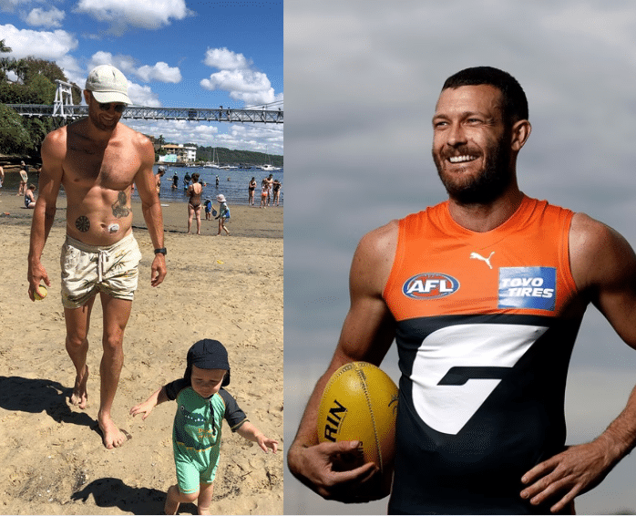 Sam Reid at the beach with a small child, and in his GWS gear